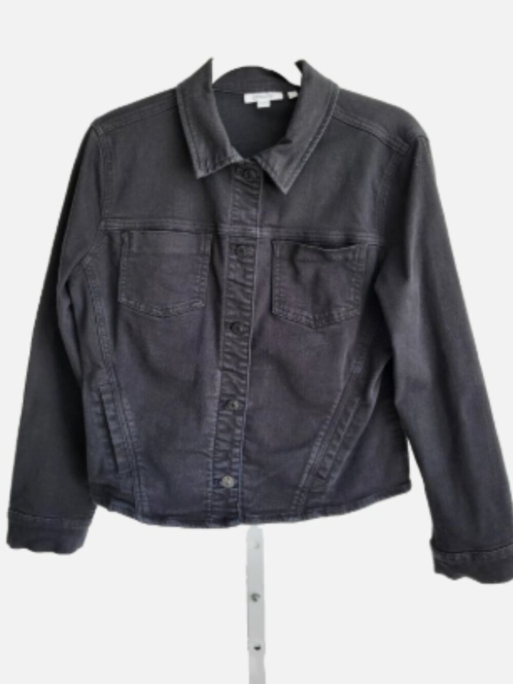 Chico's Size 1 Reg Medium Black Denim Cropped Jean Jacket 20 in length 4 Pockets - Picture 2 of 13